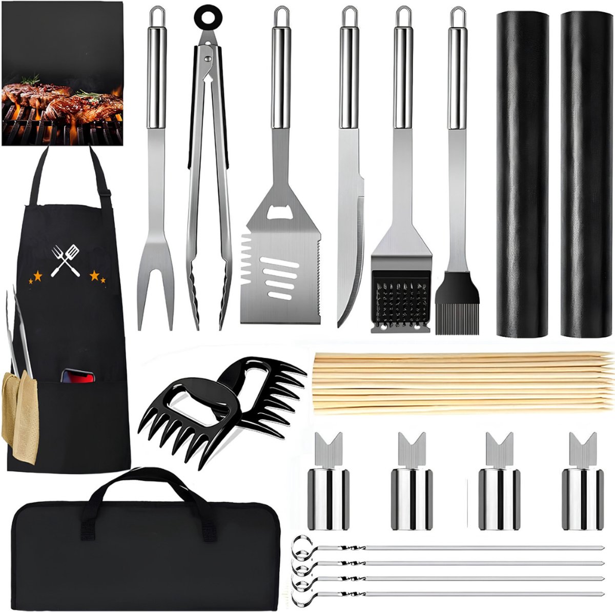 Lìon® BBQ Tang - Professioneel cadeau voor mannen - Barbecueaccessoireset - Zwart/Zilver - 36cm x 7cm x 24cm