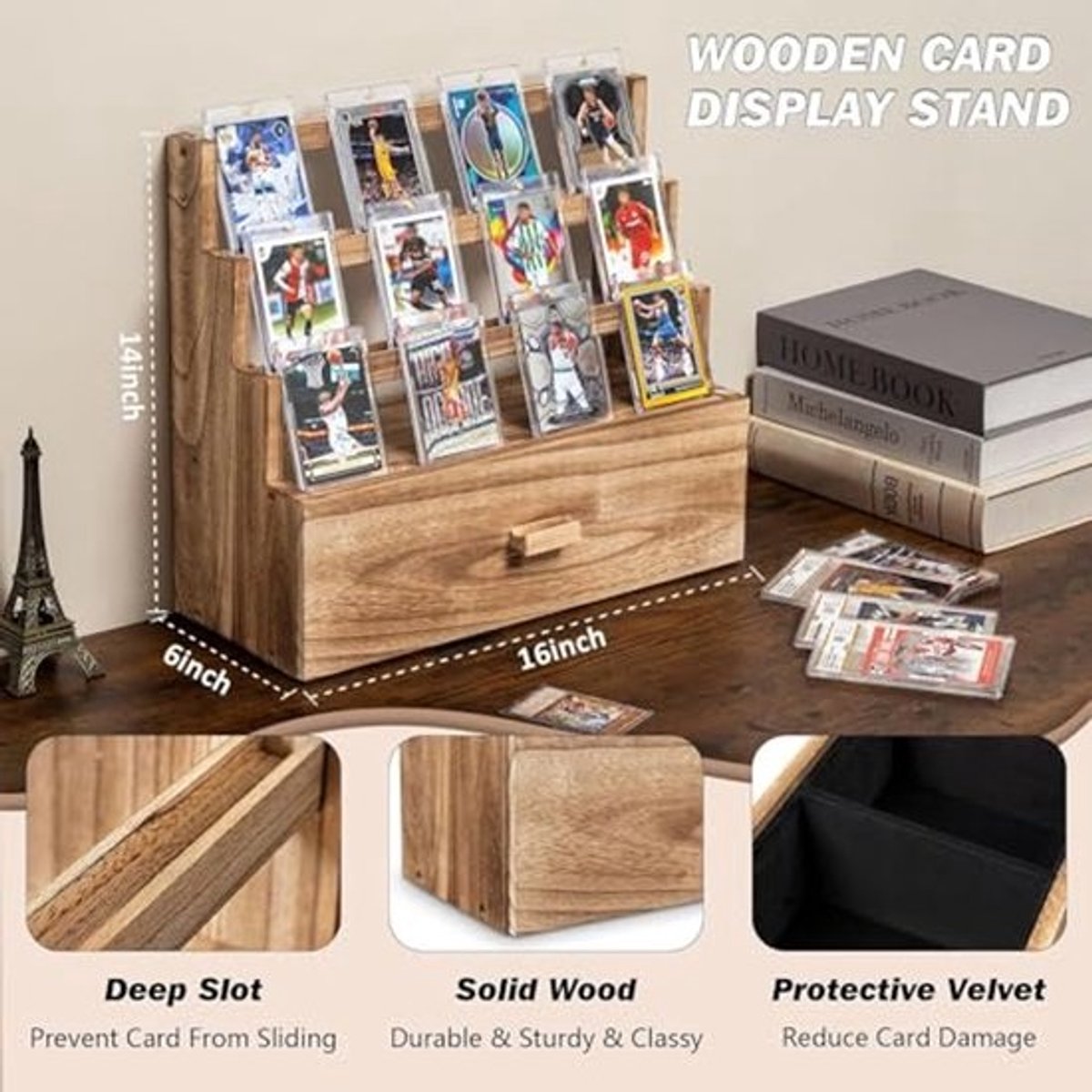 Kaartdoos met 3 etages en gepersonaliseerde lade - Houten kaartenorganizer voor verzamelingen en spelkaarten