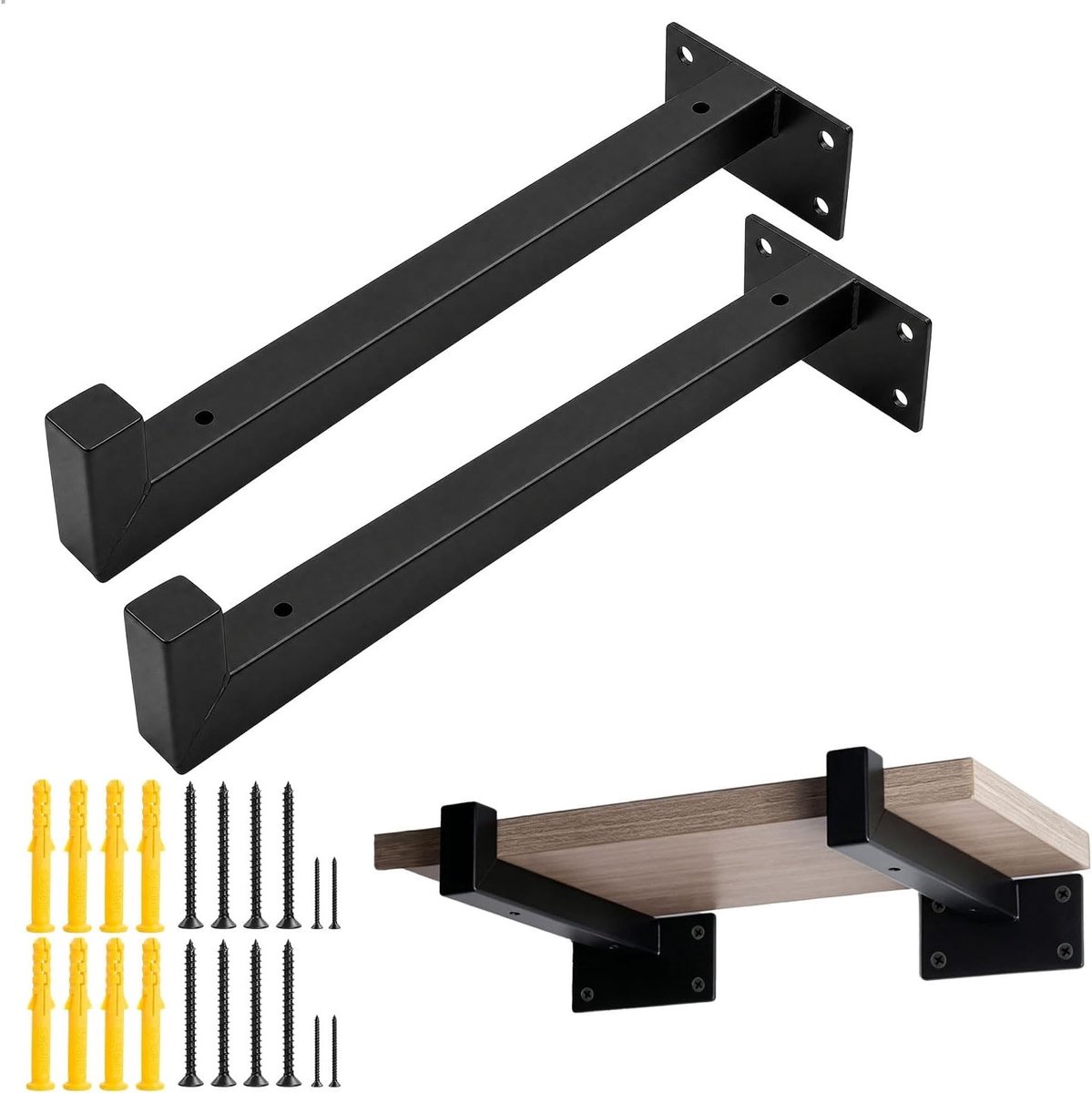 Stevige Wandplanken Beugels met Haken, Koude Gelamineerde Plankhouders voor Woonkamer, Keuken en Studentenhuis (Set van 2, Zwart)