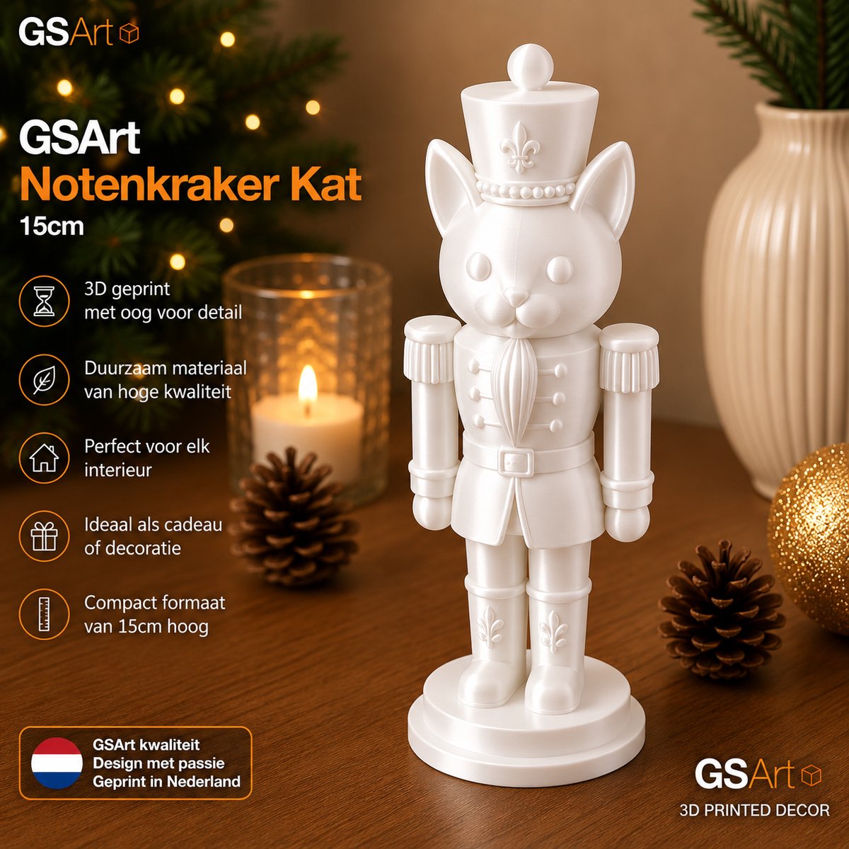 GSArt Notenkraker Kat 15cm – 3D-geprinte kerstdecoratie - Zijde Wit
