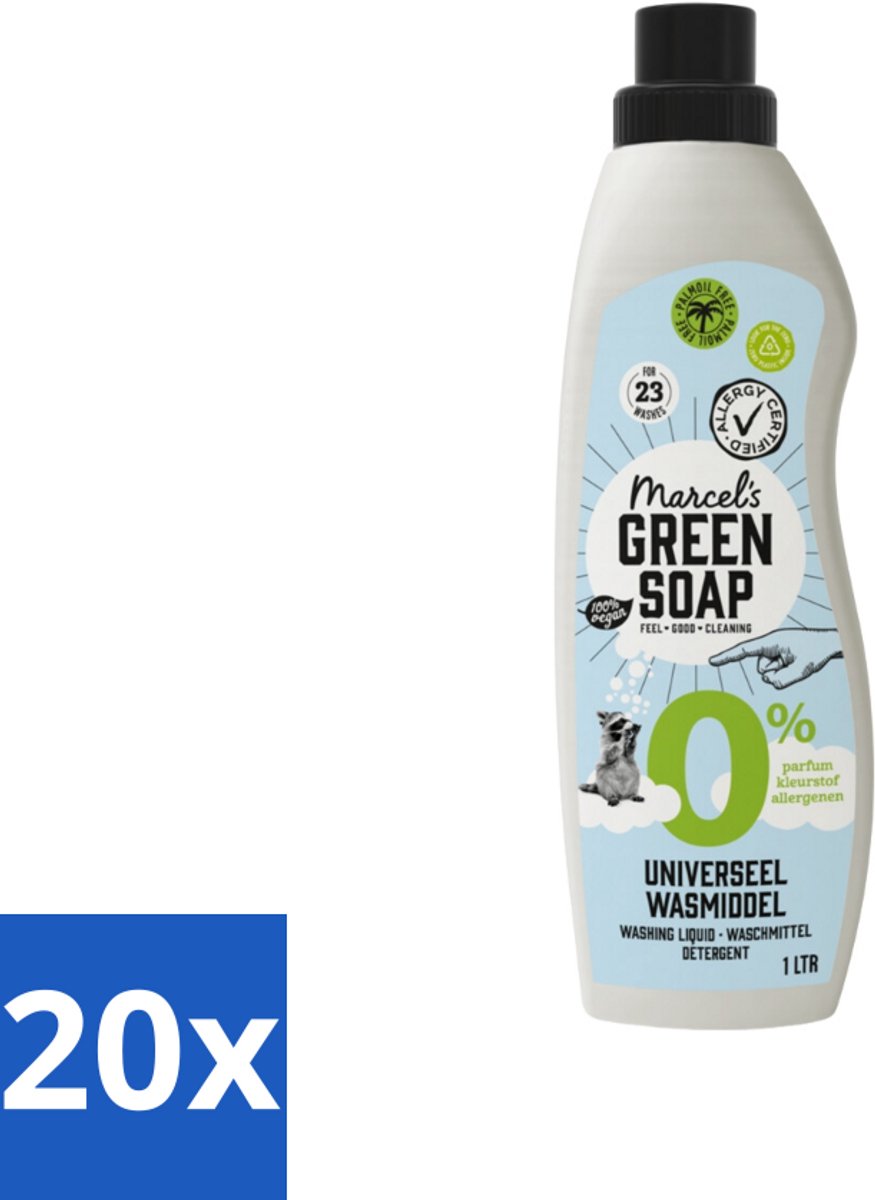 Marcel’s Green Soap – Wasmiddel – Universeel - 0% – Zonder parfum en kleurstof – 1 liter - Bulkverpakking - 20 stuks