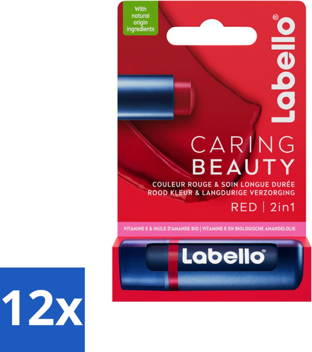 Labello –Lippenbalsem – Caring Beauty Red – 5,5 ml - Voordeelverpakking - 12 stuks