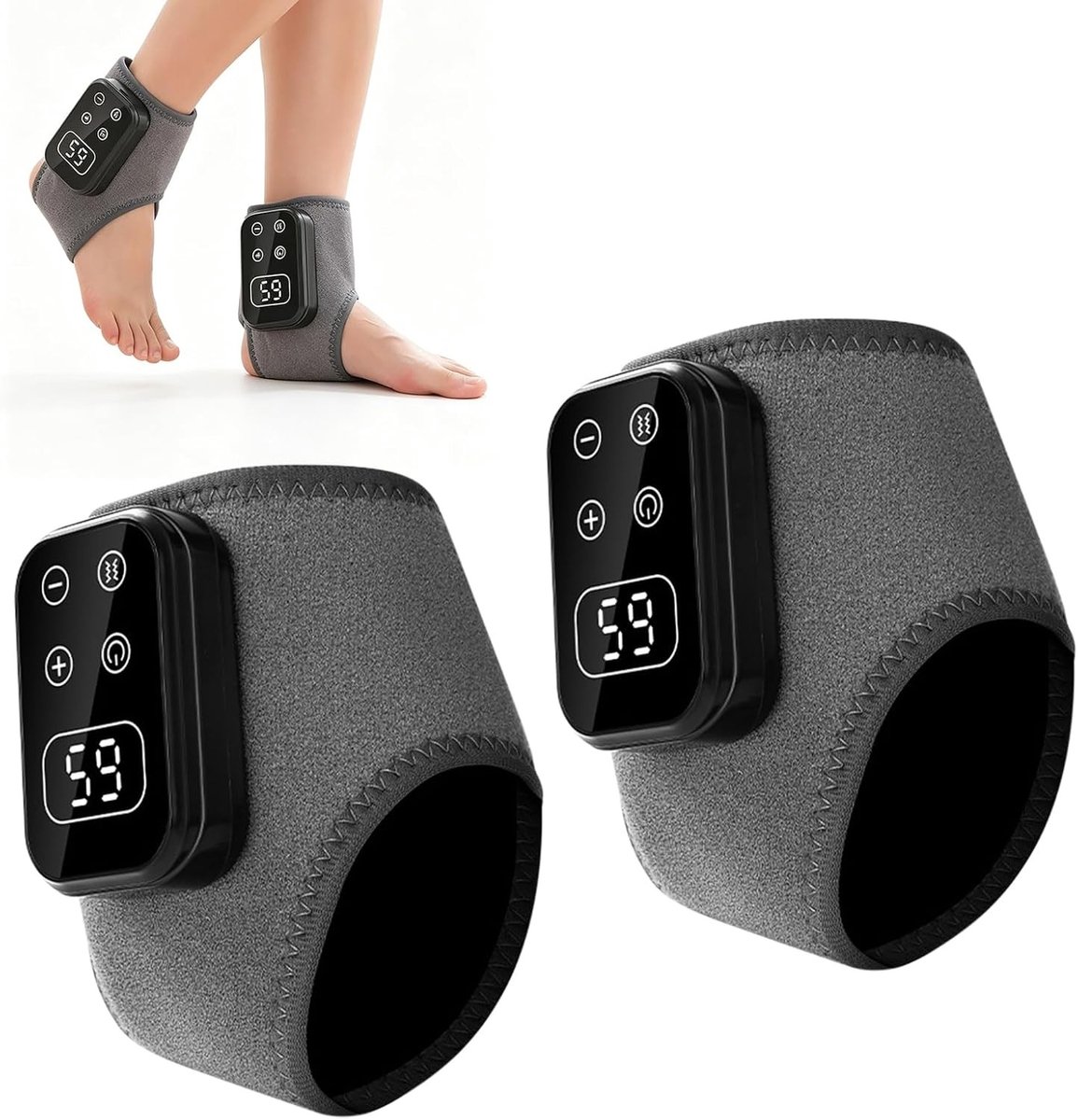 Draadloze Voetmassager met 6 Warmte-instellingen en 5 Vibratiemodi, Oplaadbare Massageapparaat voor Thuis en Buiten met LED-display en Bevestigingsriem