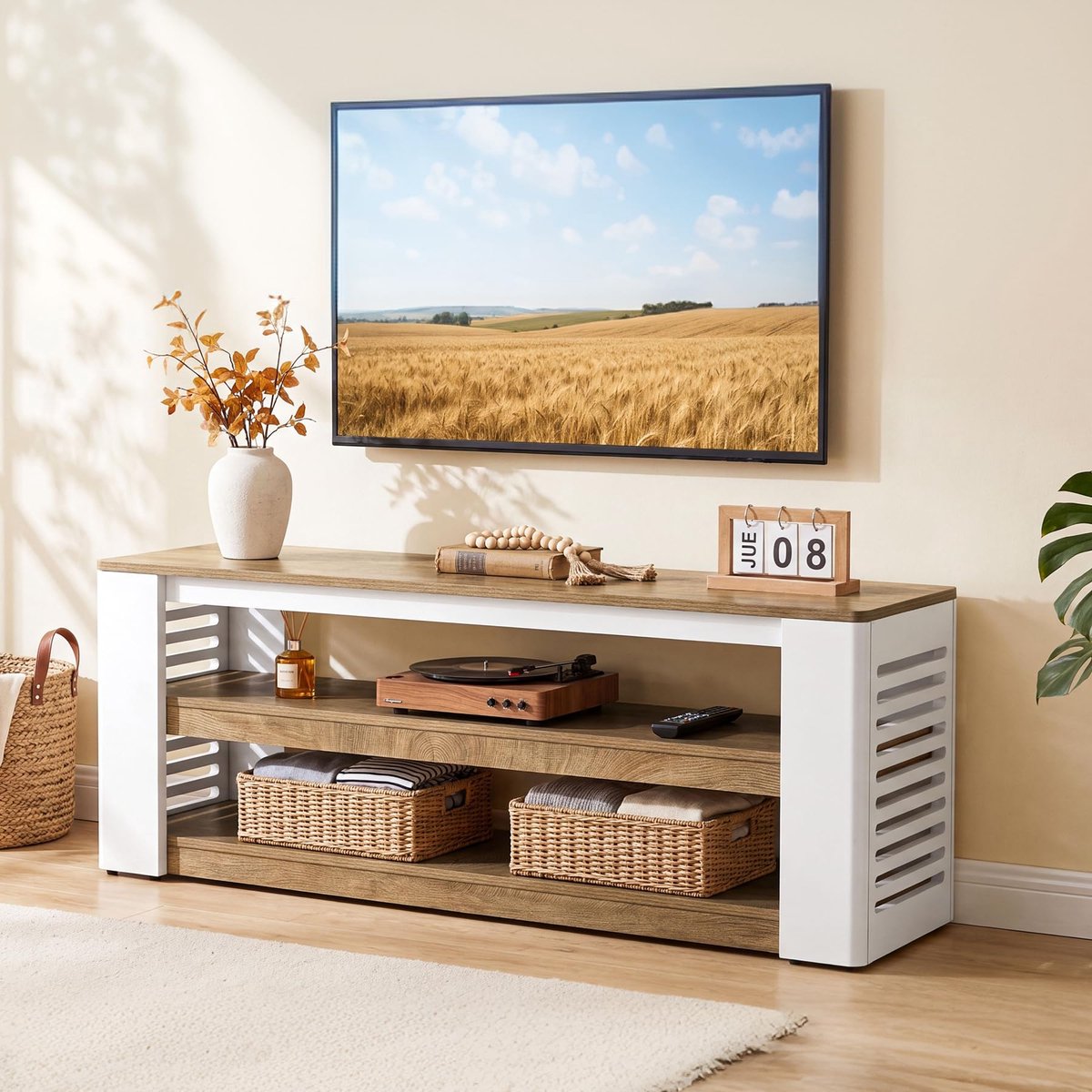 LITTLE TREE Modern Tv Meubel - 160 x 35 x 60 cm - 3‑Laags Planken - Lamellen Zijpanelen - Voor Woonkamer En Slaapkamer - Witbruin