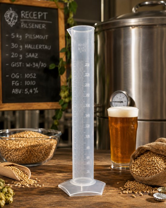 Transparante maatcilinder van 250 ml met schaalverdeling, op een houten tafel in een brouwerijomgeving met bier en mout.