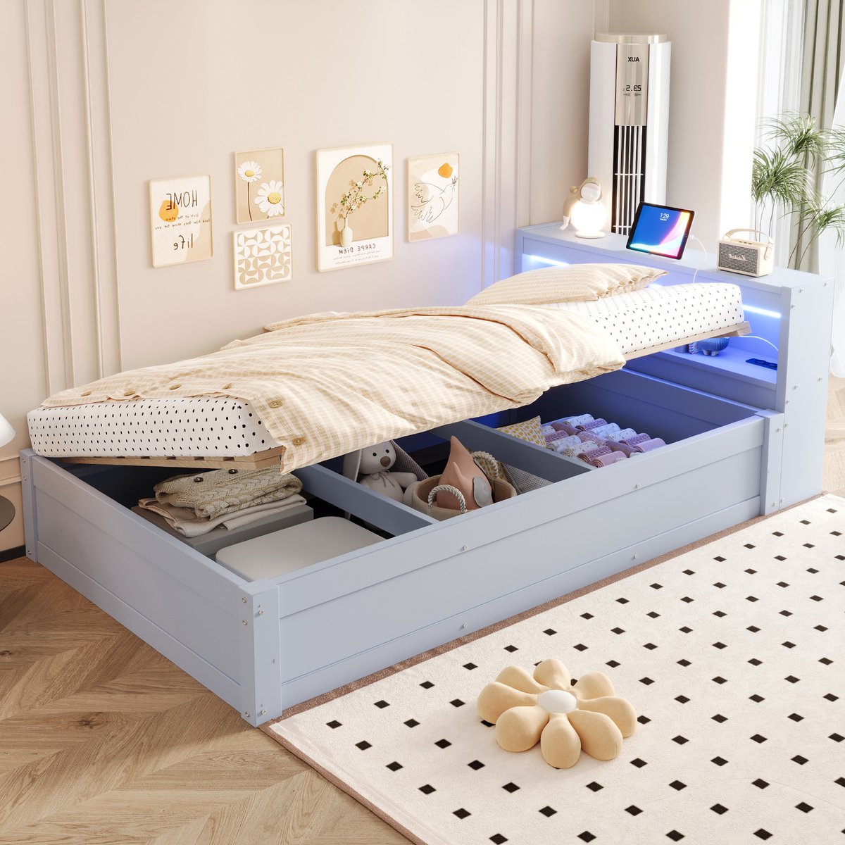Slaapbank 90x200 cm - Met Opbergruimte - Met LED-verlichting - Met Stopcontact - Grijs