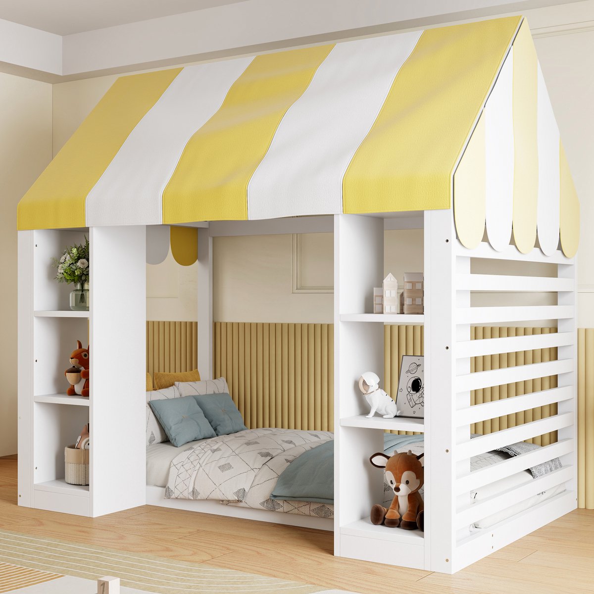 Hemelbed 90x200 cm - Met Opbergruimte - Met Hoofdeinde - Wit