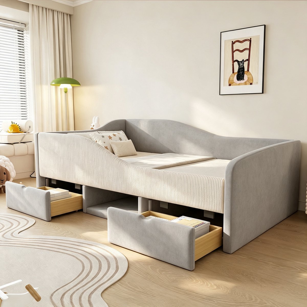 Gepolsterd Kinderbed 90x190 cm - Met Opbergruimte - Met Fluweel - Met Lades - Grijs