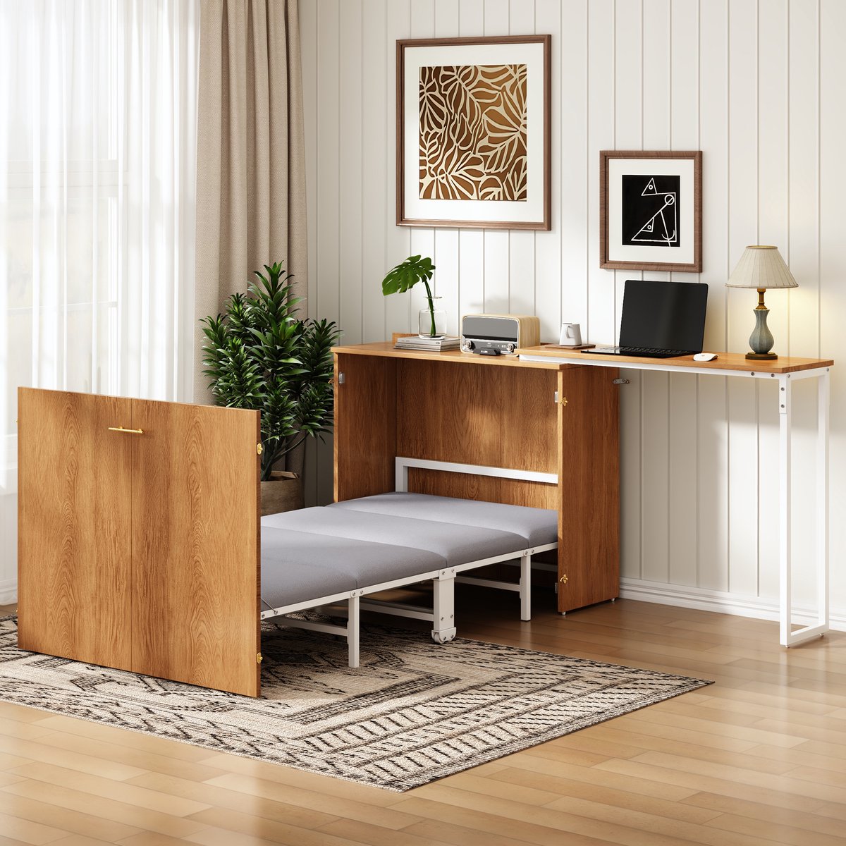 Opklapbed - Met Bureau - Met Kledingkast - Naturel