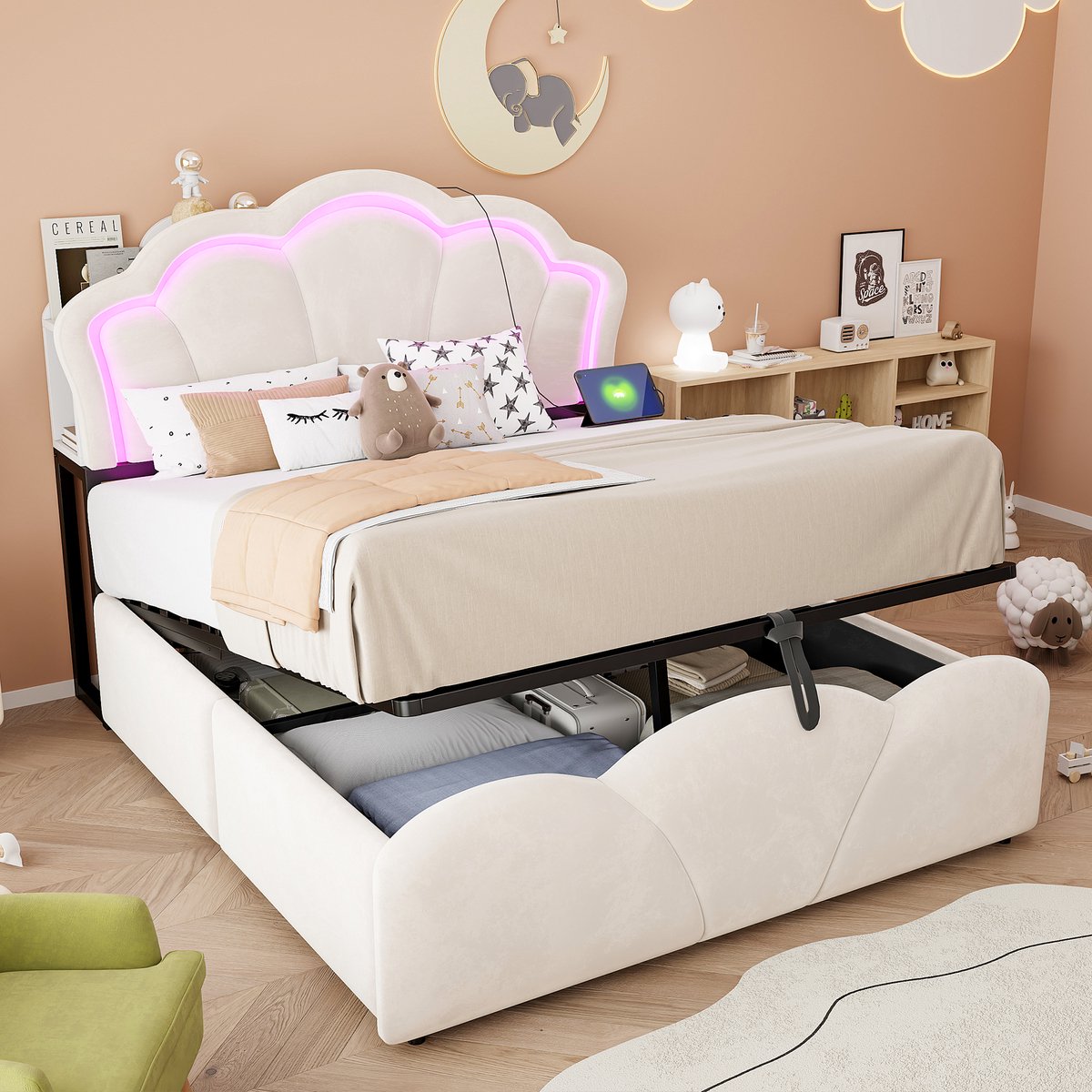 Gepolsterd Bed 140x200 cm - Met Opbergruimte - Met LED-verlichting - Met Stopcontact - Beige