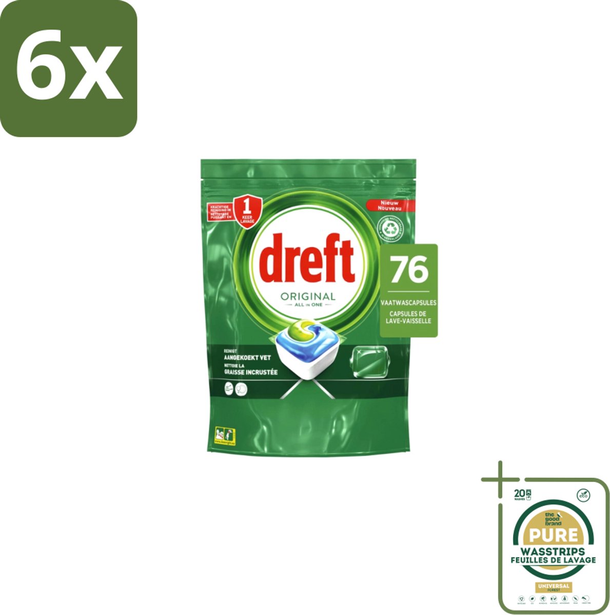 Dreft – Vaatwascapsules – Original All-in-One – 76 Capsules - Voordeelverpakking - 6 stuks - Reinigingscapsule - Vaatwasser