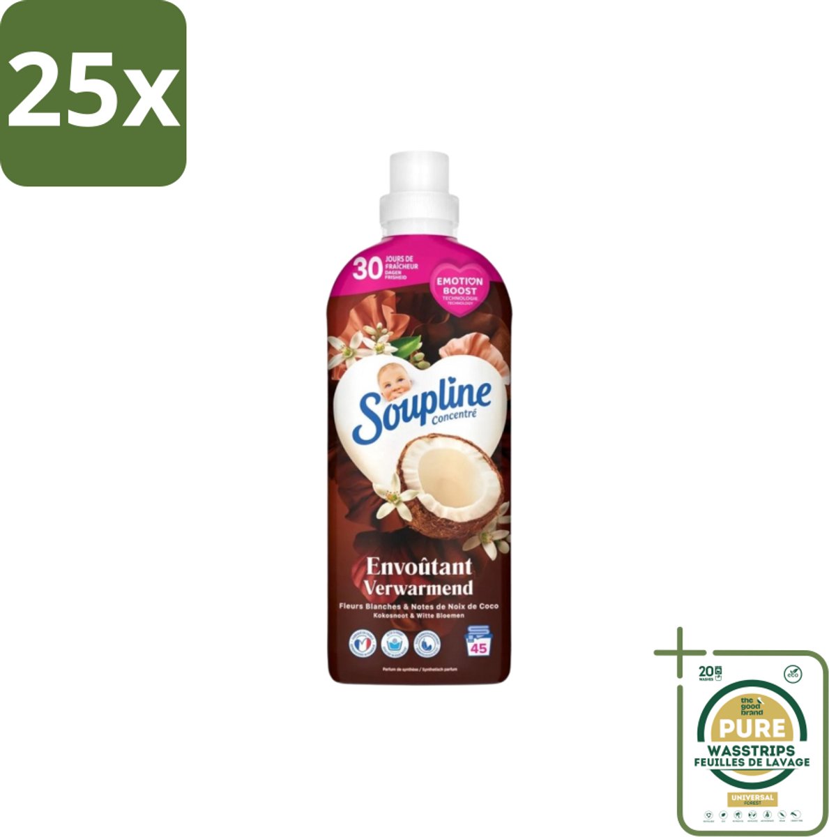 25 x Soupline – Wasverzachter – Verwarmende Kokosnoot & Witte Bloemen – 950 ml - Grootverpakking - Wasverzachter - Kokosnoot - Witte Bloemen - Warme Geur - Wasgoed