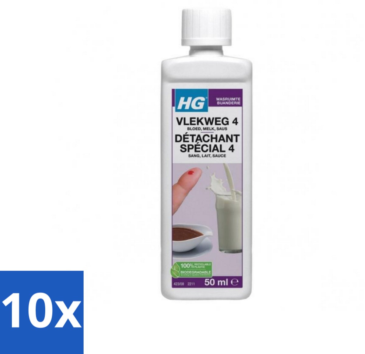 10 x HG - Wasruimte - Vlekweg 4 - Bloed, Melk, Saus - 50 ml - Vlekken Verwijderen - Bloedvlekken Verwijderen - Melk Vlekken Verwijderen - Saus Vlekken Verwijderen - Textiel Reinigen