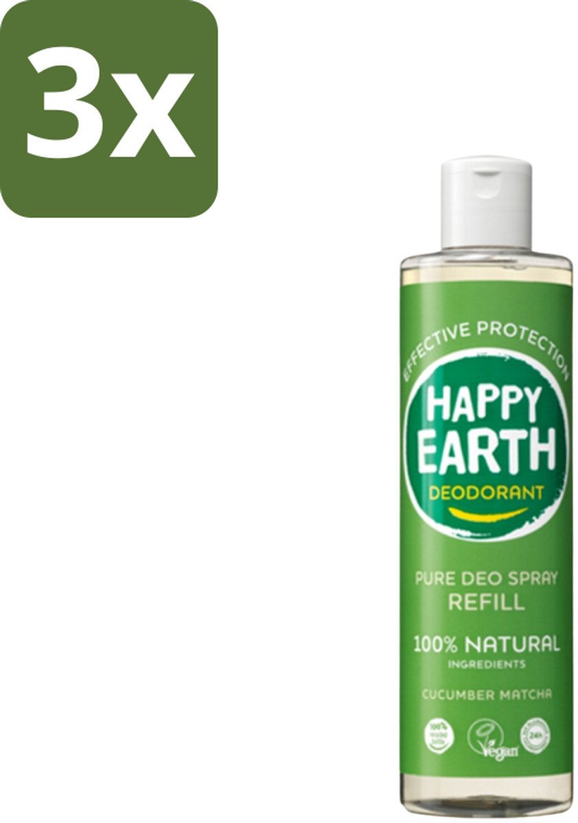 Happy Earth – Deodorant Spray Navulling – 100% Natuurlijk Cucumber Matcha – 300 ml - Bulkverpakking - 3 stuks