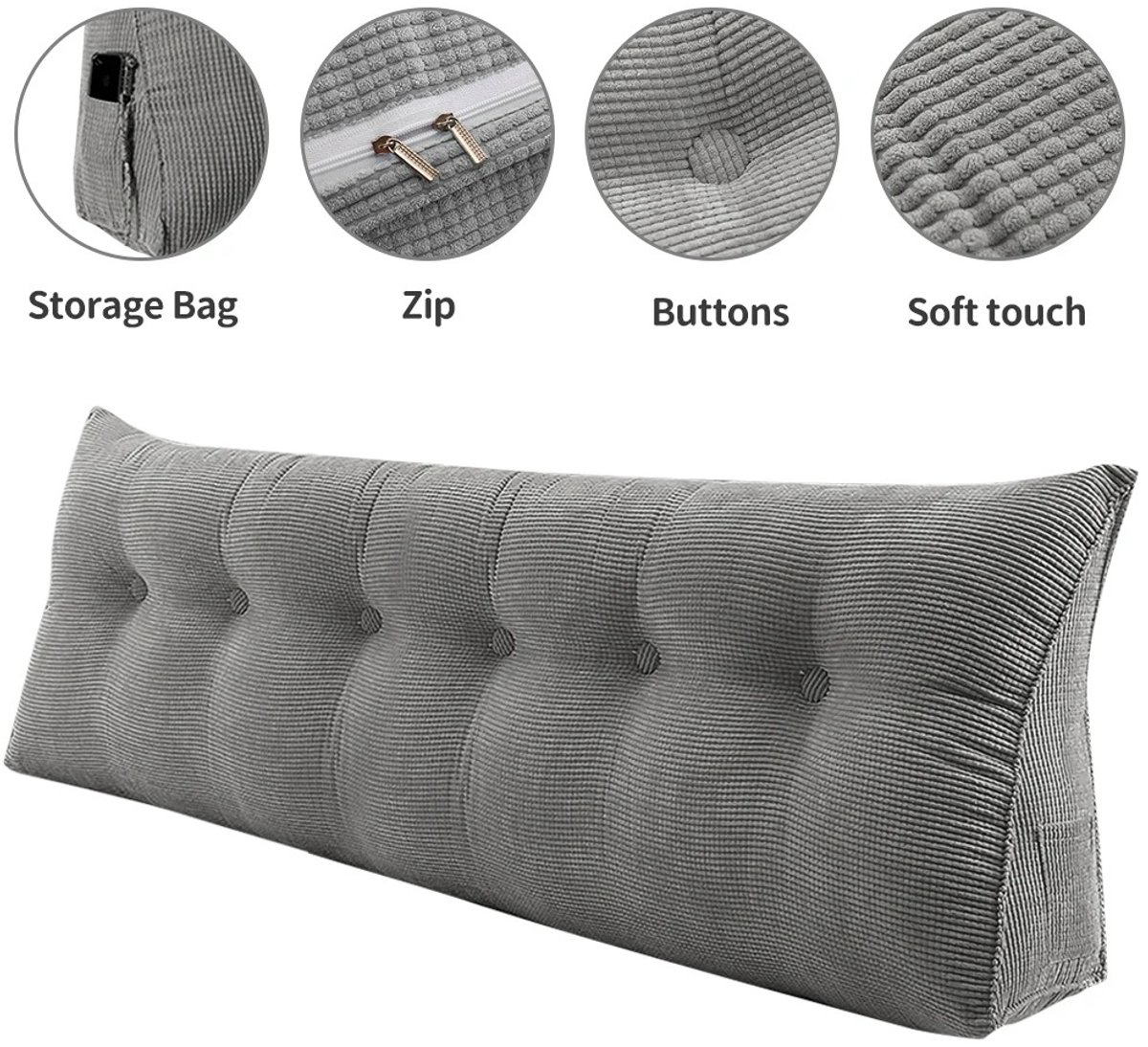 Innovastore Rugkussen - Hoofdeindkussen - Bed kussen - Lenden kussen - Wig kussen - Ergonomische Ondersteuning - 160cm - Grijs