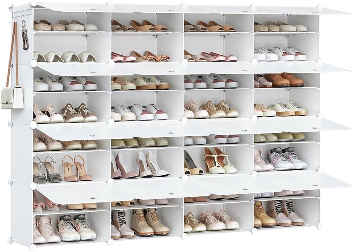 Schoenenrek met 16 Compartimenten, Opbergkast voor 64 Paar Schoenen, Smal met Deuren, Ideaal voor Woonkamer, Slaapkamer en Hal, Wit en Praktisch Design