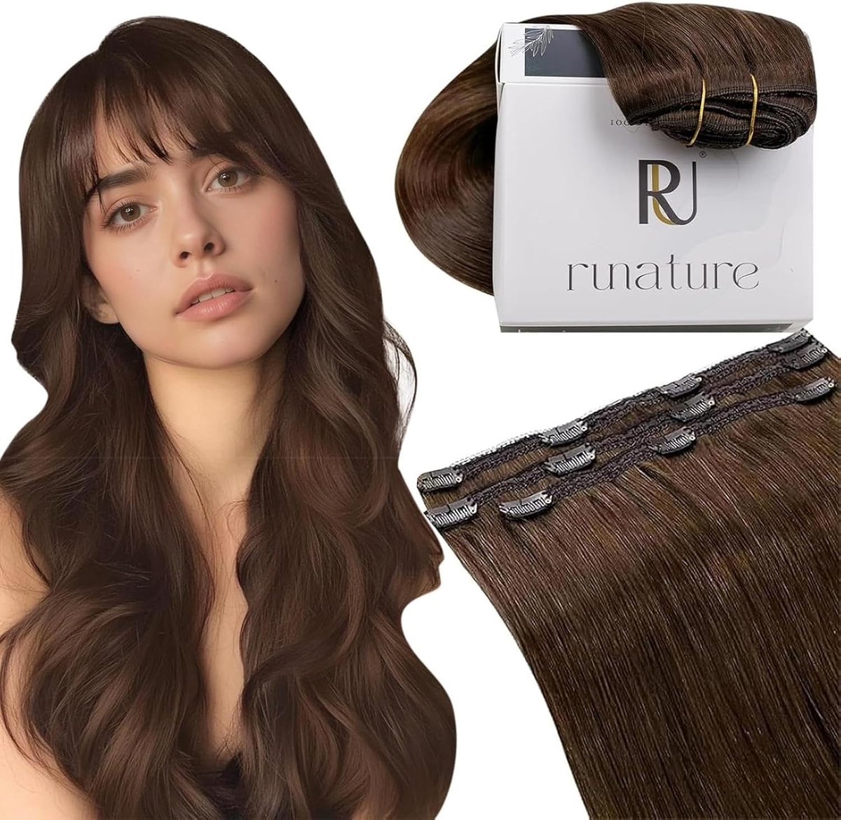 Kleurige Clip-in Haarextensions van Menselijk Haar in Bruin - 3 Stuks van 25 cm en 50 g voor Volumineus Haar