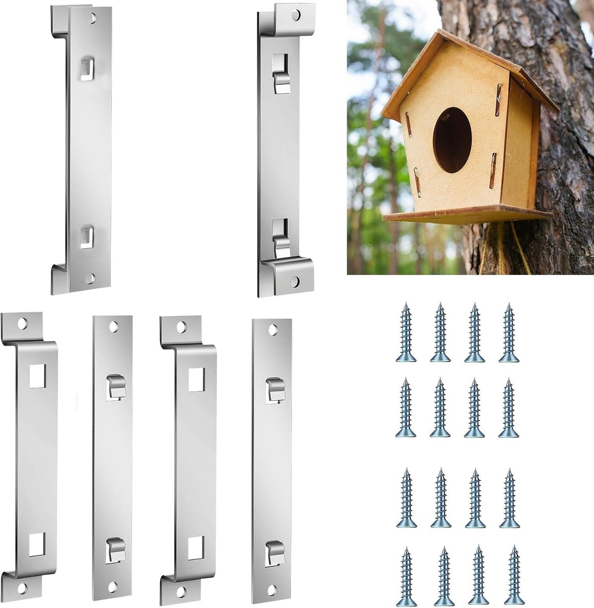 Drie sets vogelhuisjes houders van verzinkt staal, bevestigingshoeken en haken voor nestkasten en voederhuisjes, stevige wandmontage voor buitengebruik