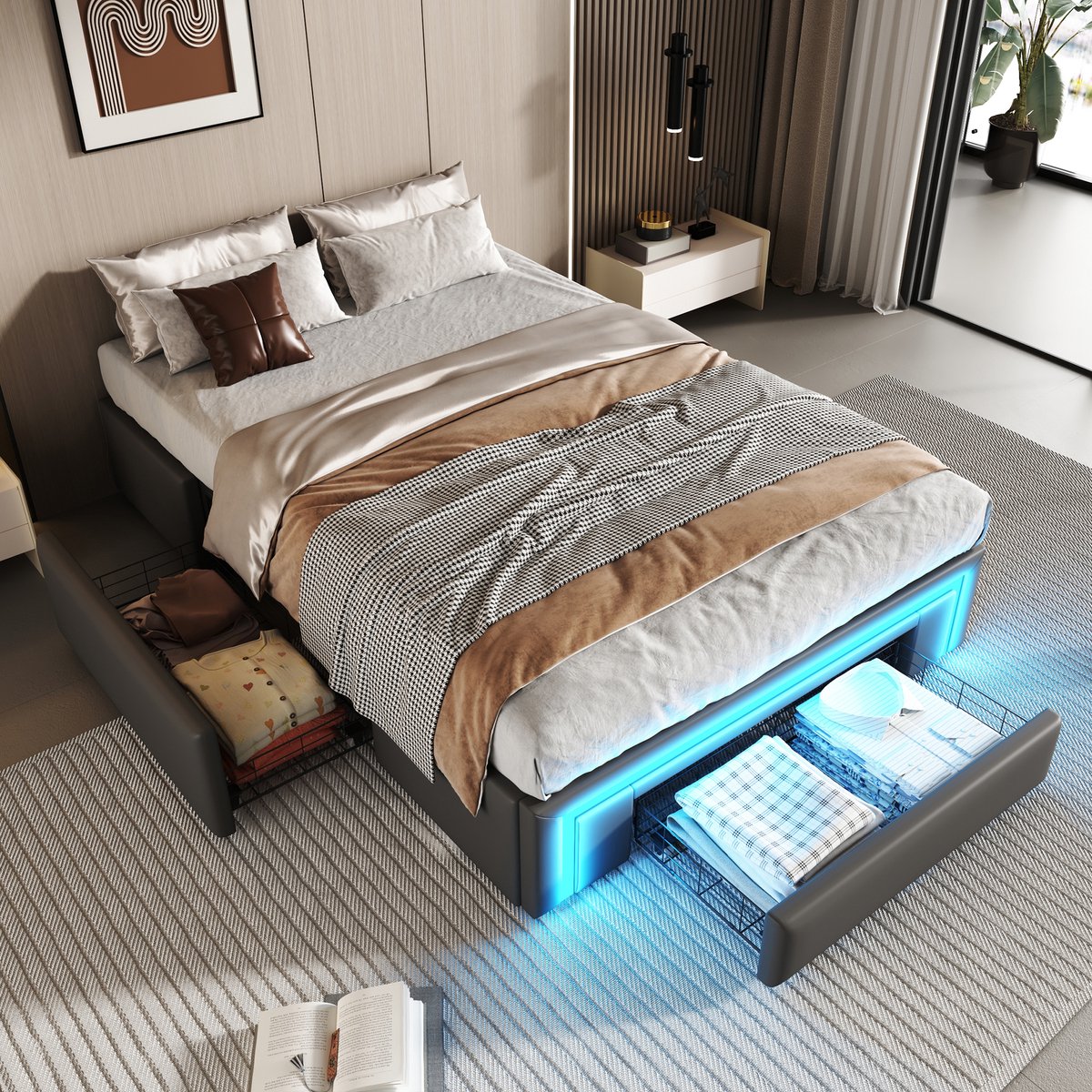 Bedframe 90x200 cm - eenpersoonsbed met opberglades en RGB LED-sfeerverlichting aan het voeteneinde - grijs PU-leder - stevige metalen lattenbodem - vrijstaand ontwerp zonder hoofdbord - geen boxspring nodig