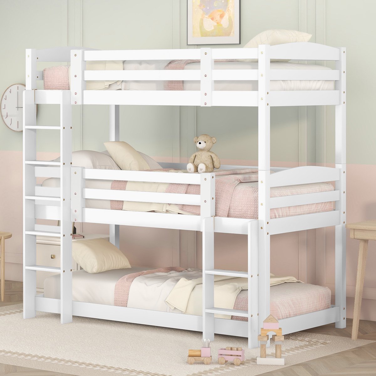Houten 3-laags stapelbed - Ruimtebesparend en ideaal voor grote gezinnen en logés - 90x200 cm - Wit - Deelbaar in losse bedden en inclusief 2 ladders - Bodemstaand onderbed voor extra veiligheid