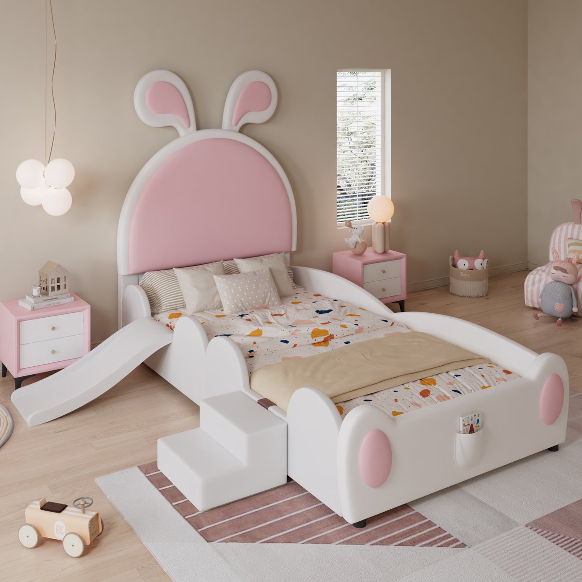 Gestoffeerd kinderbed - Met glijbaan en trapje - 90x200 cm - 1 persoon - Wit en roze - Konijnenoren hoofdeinde - Verwisselbare glijbaan en trap - PU-leder met opbergtas