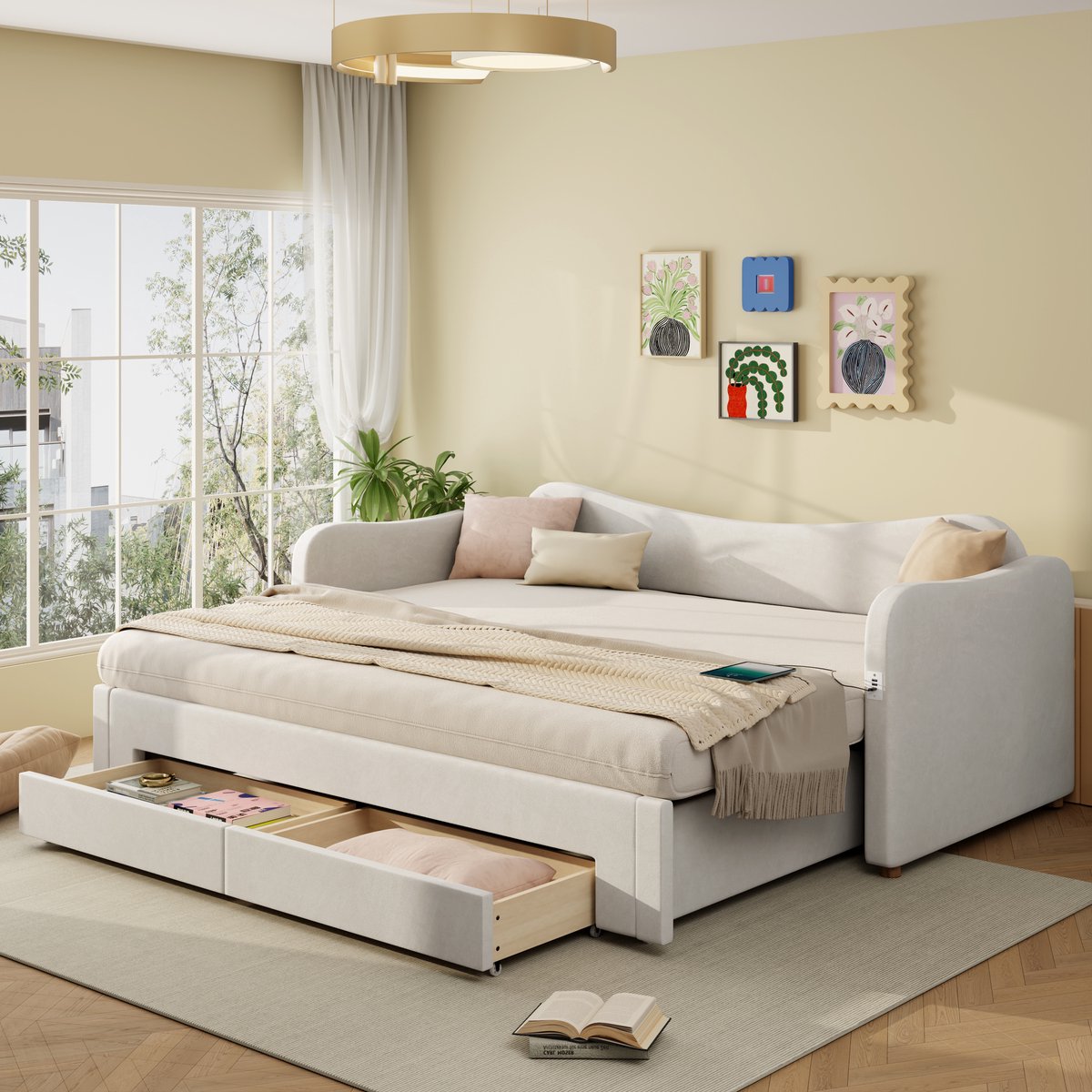 Uitklapbaar dagbed met USB en lades - 90/180x200 cm - Beige fluweel - 2 opberglades en USB-C laadpoort - Inclusief lattenbodem - Geschikt als slaapbank en logeerbed