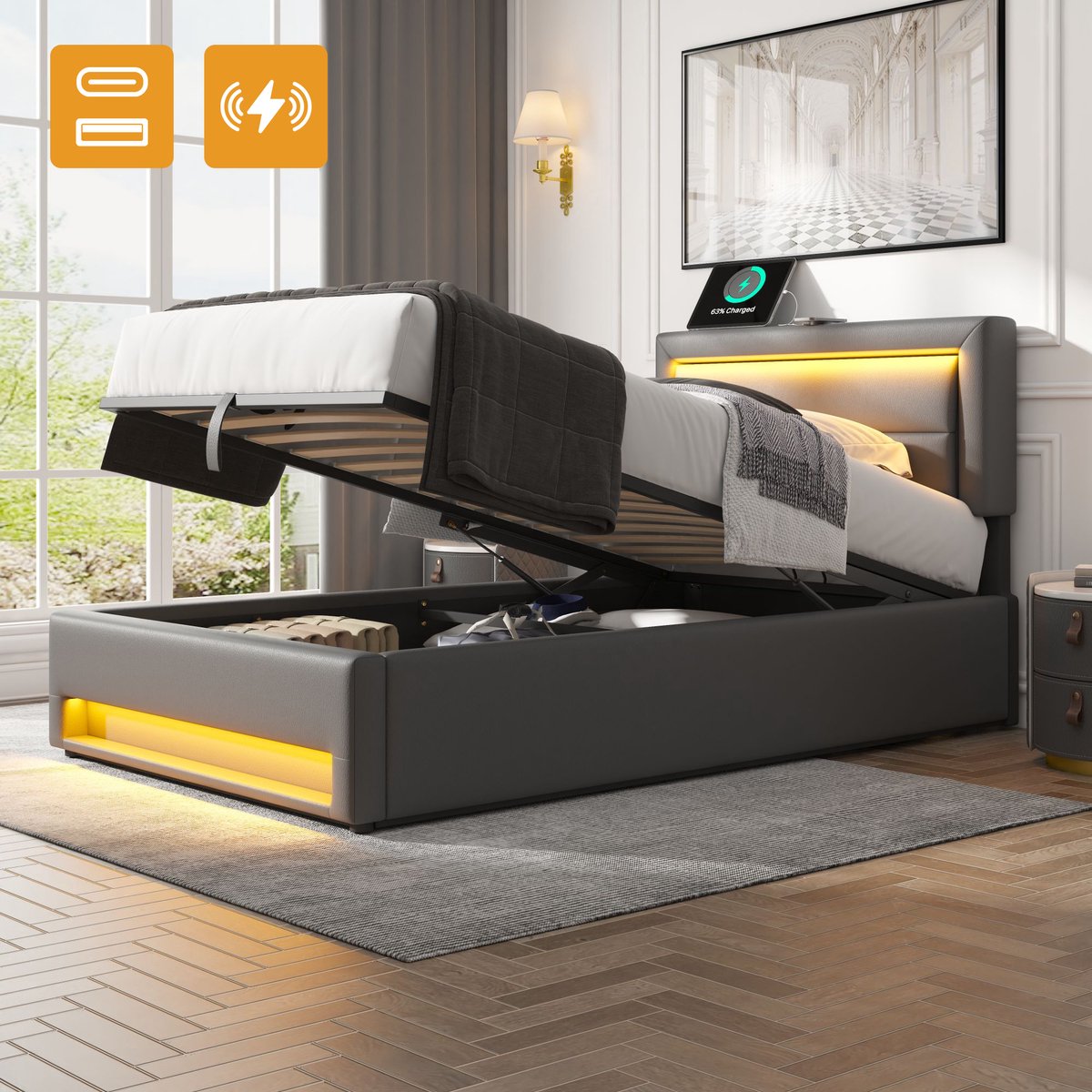 Gestoffeerd bed 90x190 cm - Multifunctioneel met draadloos & bedraad USB-laadstation - Grijs - 12-kleuren LED-sfeerverlichting en opbergruimte - PU-bekleding met lychee-reliëf - Geschikt als tienerbed of logeerbed