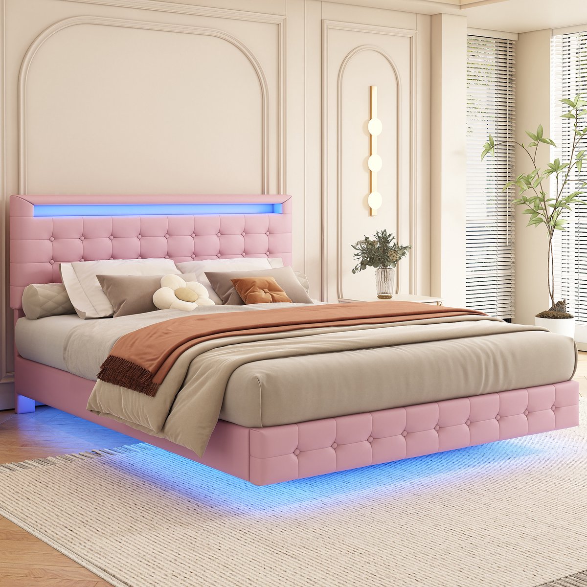 Gestoffeerd bed 140x200 cm - Geschikt voor tiener- en volwassen slaapkamer - Roze - Zwevend design met app-gestuurde LED-verlichting - 3-traps verstelbaar hoofdeinde - Zachte PU-bekleding