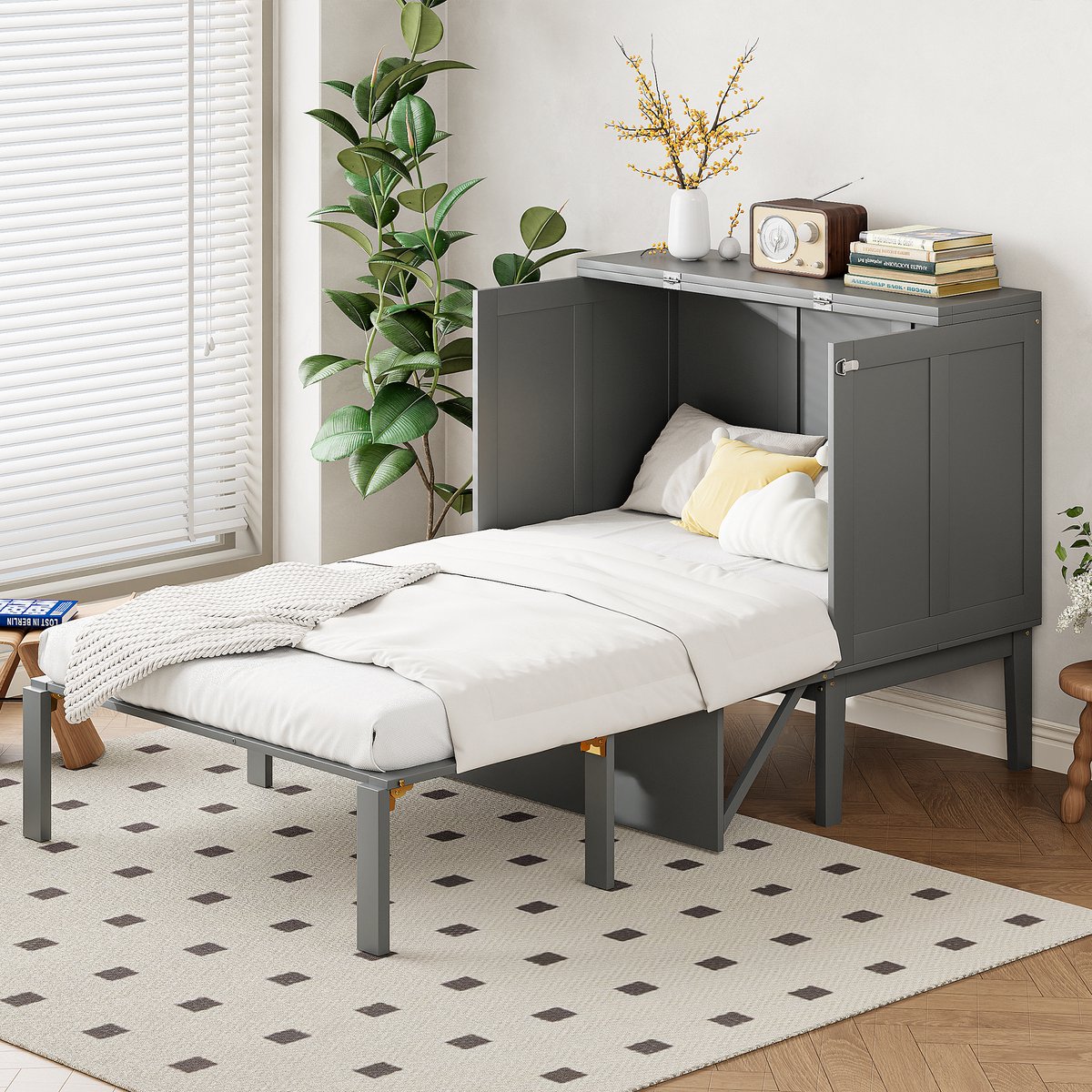 Verticaal wandbed 90x200 cm - ruimtebesparend opklapbed - Grijs - Ingeklapt slechts 70 cm diep - Inclusief lattenbodem - Geschikt als opbergmeubel