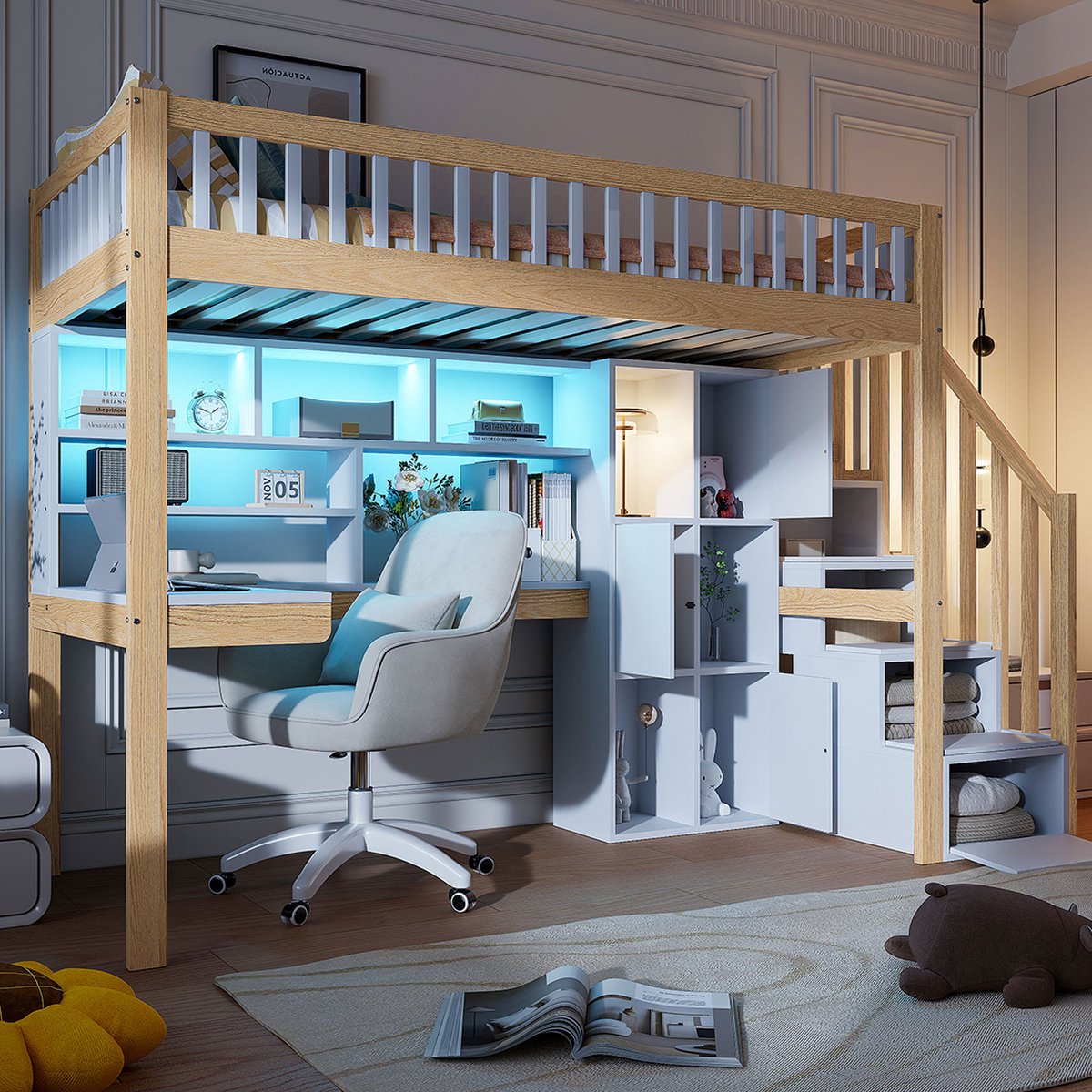 Houten kinderhoogslaper 90x200 cm - Met LED, bureau en opbergtrap - 1 persoon - Wit en naturel - Veiligheidshek rondom - Inclusief houten lattenbodem - Opbergplanken en stabiele grenenhouten constructie