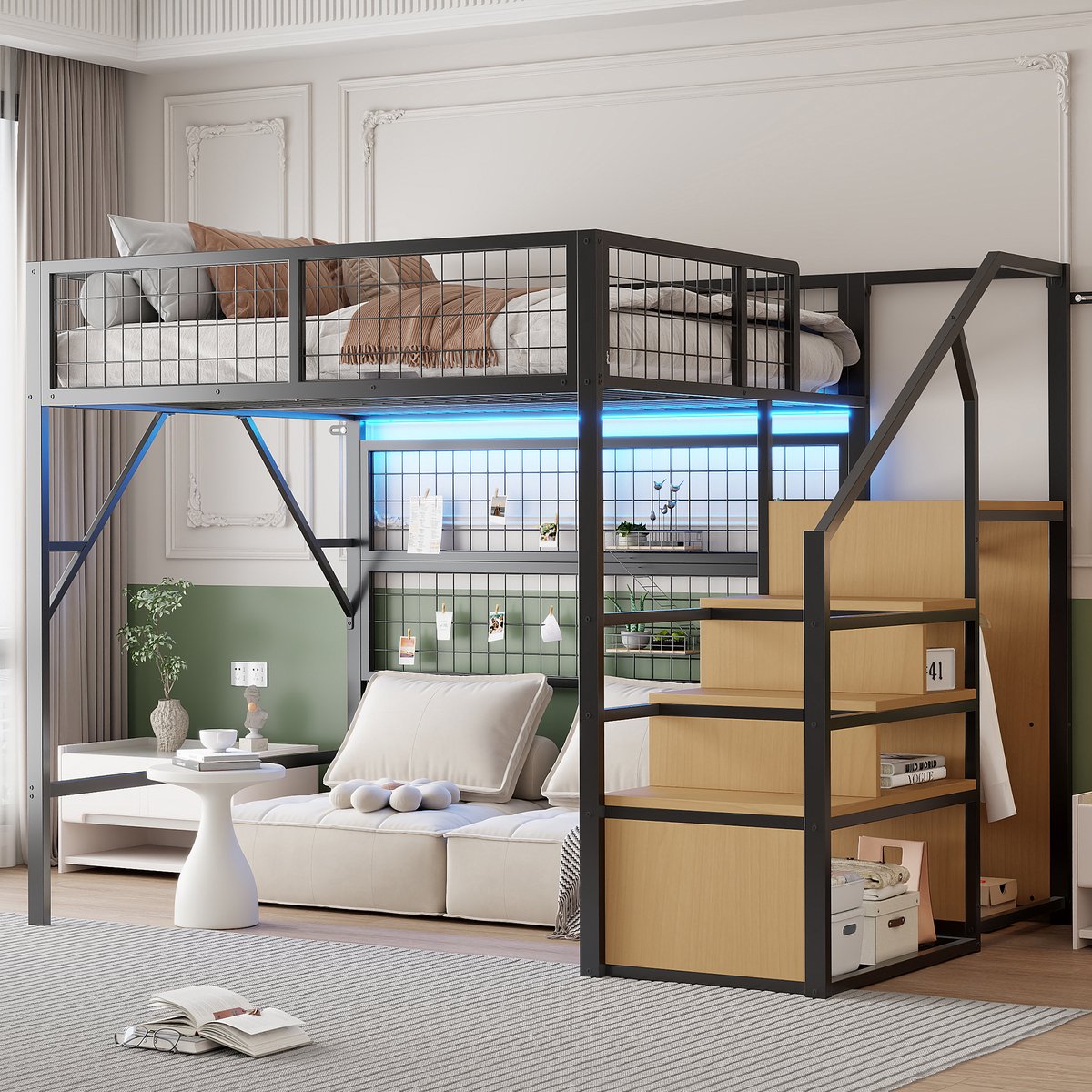 Metalen hoogslaper met app-gestuurde LED en opbergtrap - voor kinderkamer en tienerkamer - 140x200 cm - zwart - trap met open planken en kledingkast - stevig frame tot 150 kg - incl. lattenbodem