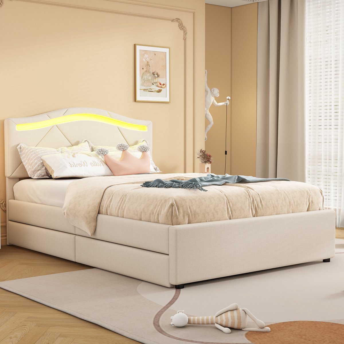 Gestoffeerd bed - multifunctioneel met LED en opbergruimte - 90x200 cm - Beige linnen - App-gestuurde sfeerverlichting - 2 schuifladen - Verstelbaar hoofdeinde