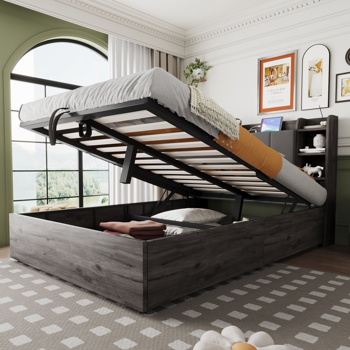 Houten bed 140x200 cm - hydraulische opbergruimte en USB/Type-C - tweepersoons - grijs - hoofdeinde met verborgen opbergvak en oplaadpoorten