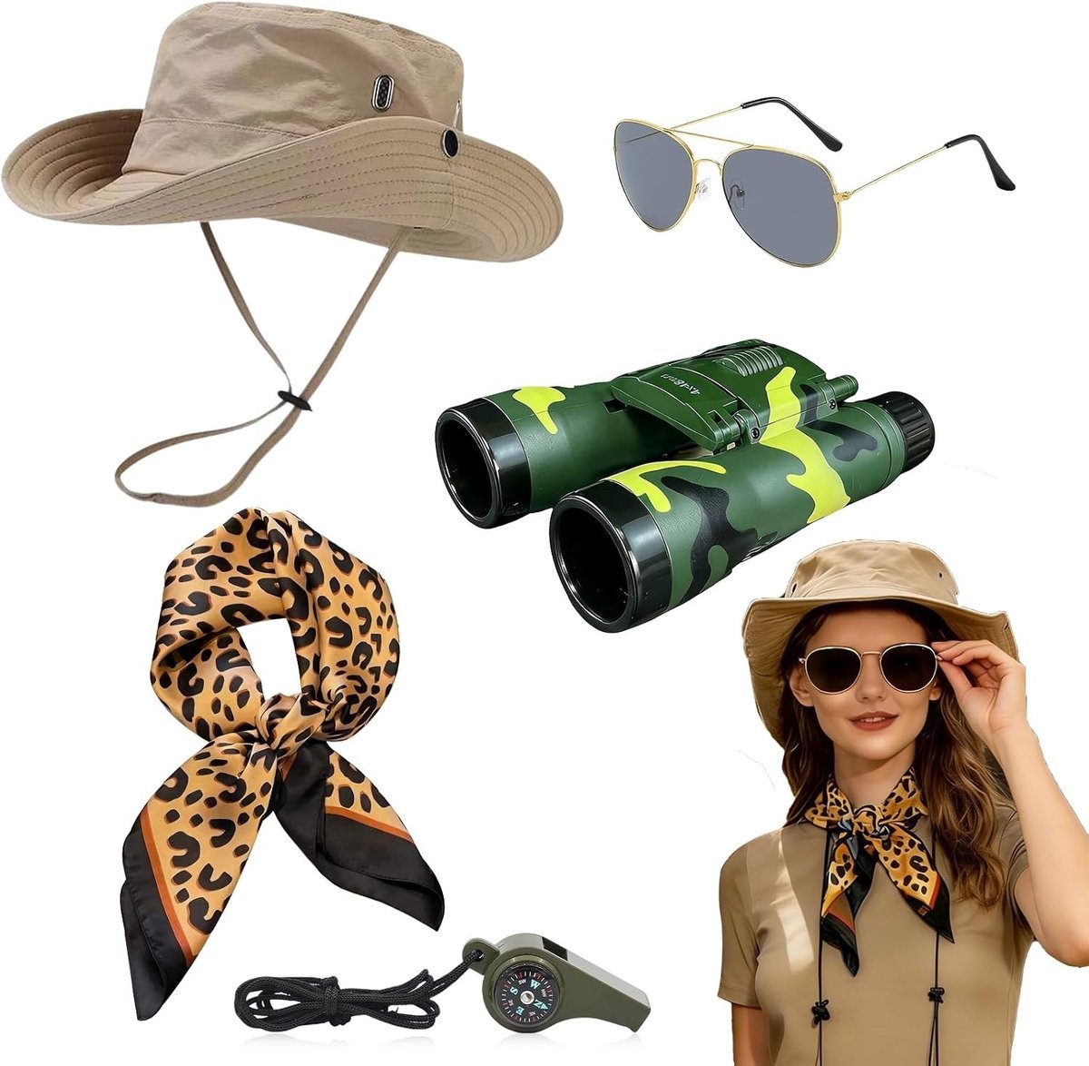 Safari kostuum set voor mannen en vrouwen, inclusief hoed, verrekijker, zonnebril en kleding voor carnaval, feesten en buitenactiviteiten