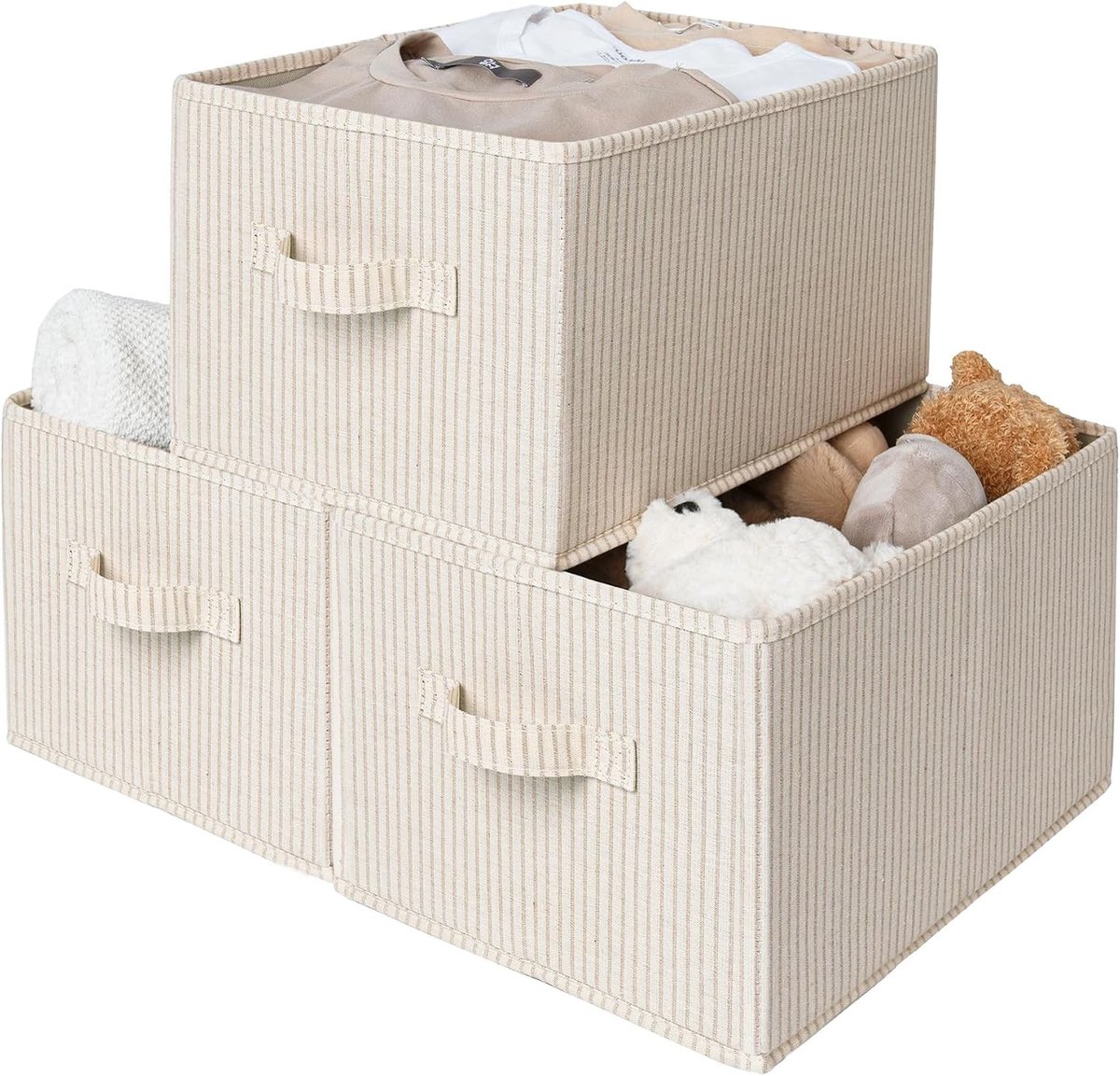 Grote opbergmanden voor planken, rechthoekige kastorganizers met handvatten, set van 3 in grijs en beige streepdesign voor een georganiseerde utility room