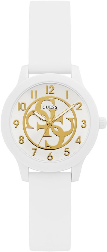 Frontaal aanzicht van een wit Guess horloge met goudkleurige wijzers en 4G-logo op de wijzerplaat.
