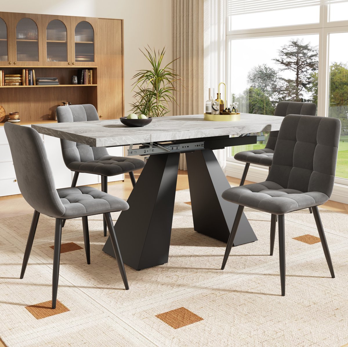 Wishdor Eettafelset - Uitschuifbare tafel met 4 stoelen - Marmerlook blad en gevoerde zittingen - Modern - Eetkamer keuken caféhoek - Bewerkt hout, metaal en fluweel - Zwart en grijs - 99-159 x 74 x 77 cm