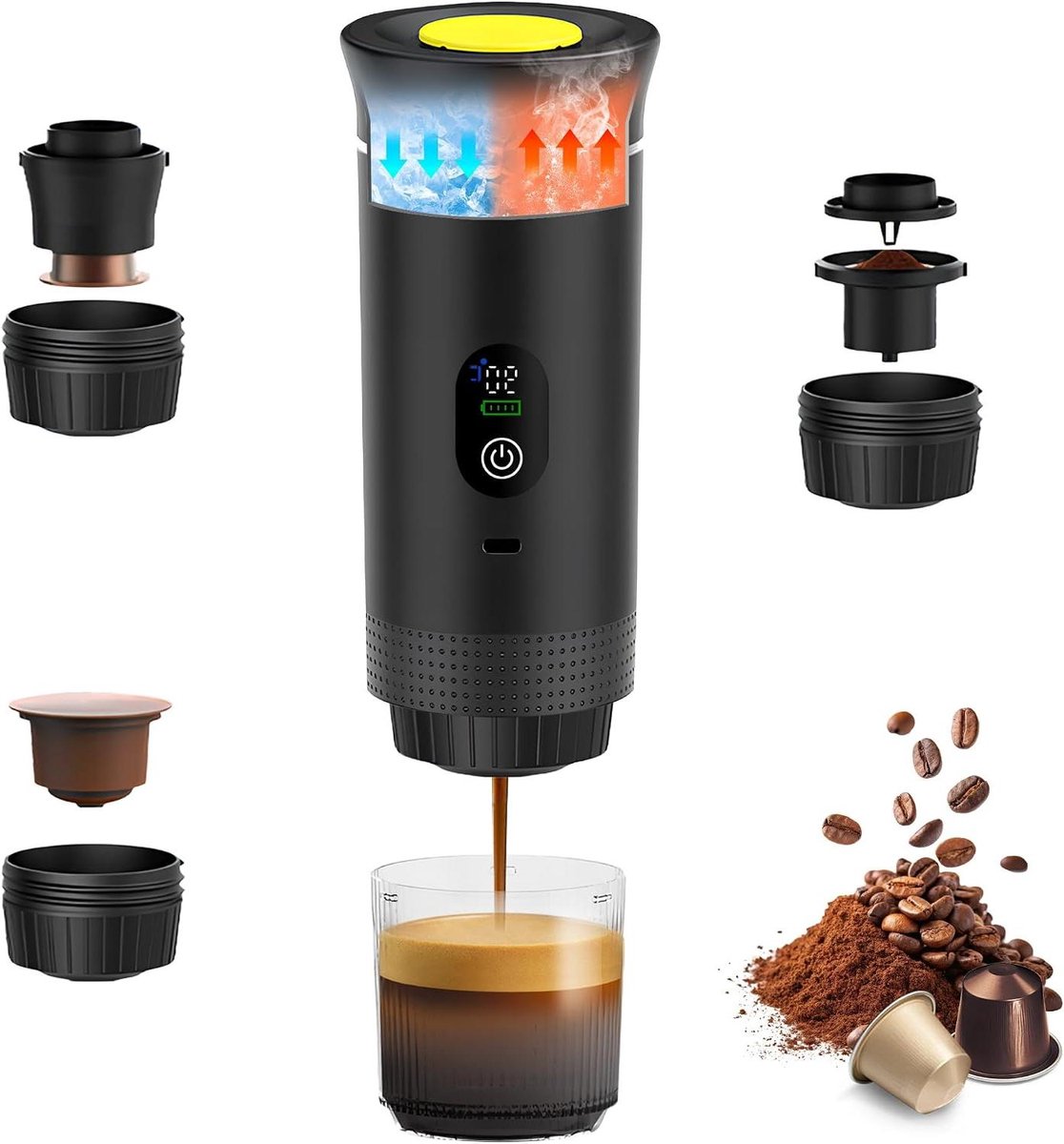 Draagbare Koffiemachine - Espresso Maker - Reizen Kamperen - 3-in-1 Systeem - 9x27x9 cm - Metaal Zwart