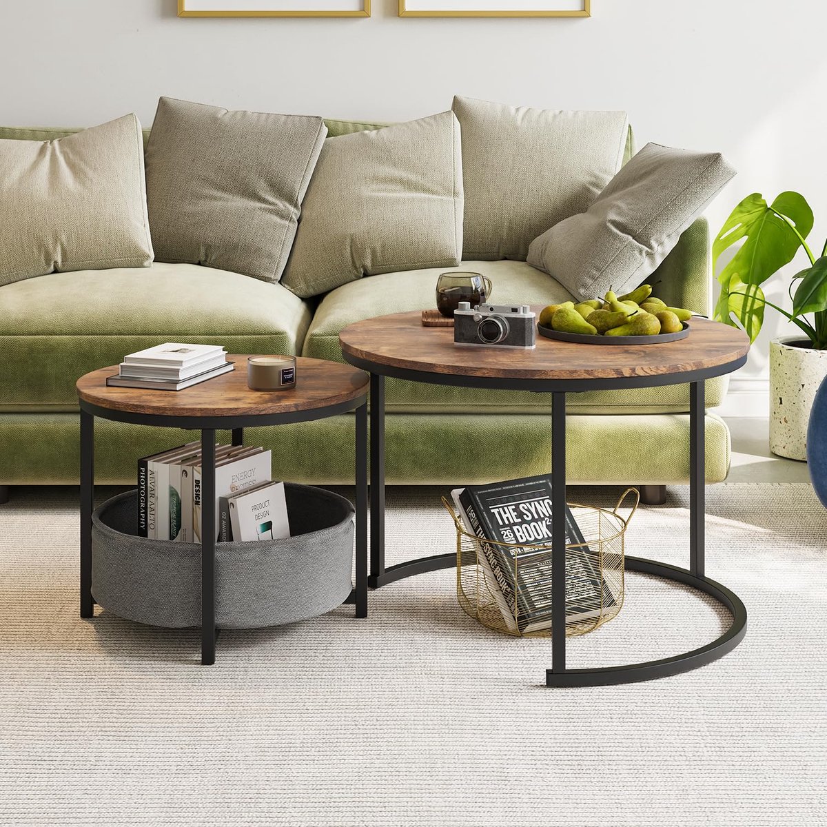 VVBV Ronde Salontafel Set van 2 - Nesting Design, Ruimtebesparend - Bruin, Metaal/Hout