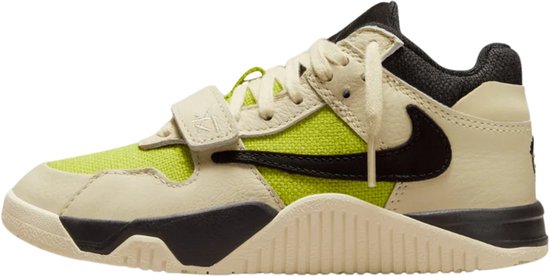 Kindersneaker met beige, zwart en felgroene mesh panelen en een klittenbandsluiting.
