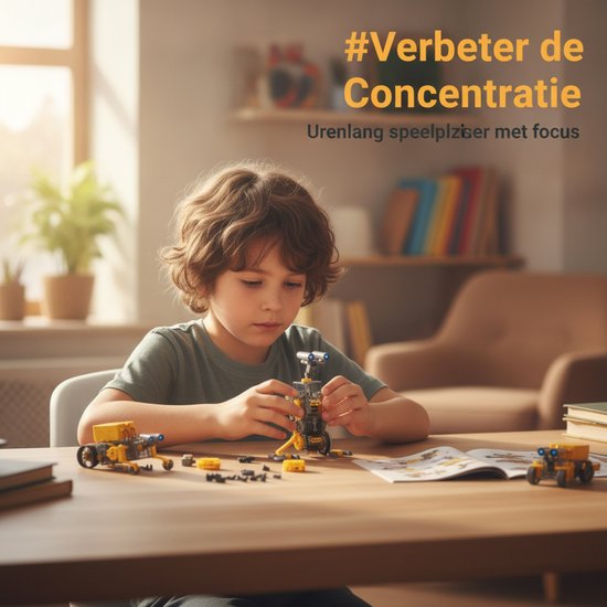 Jongetje zit aan tafel en bouwt aandachtig aan een gele robot met zonnepaneel en blauwe lampjes.