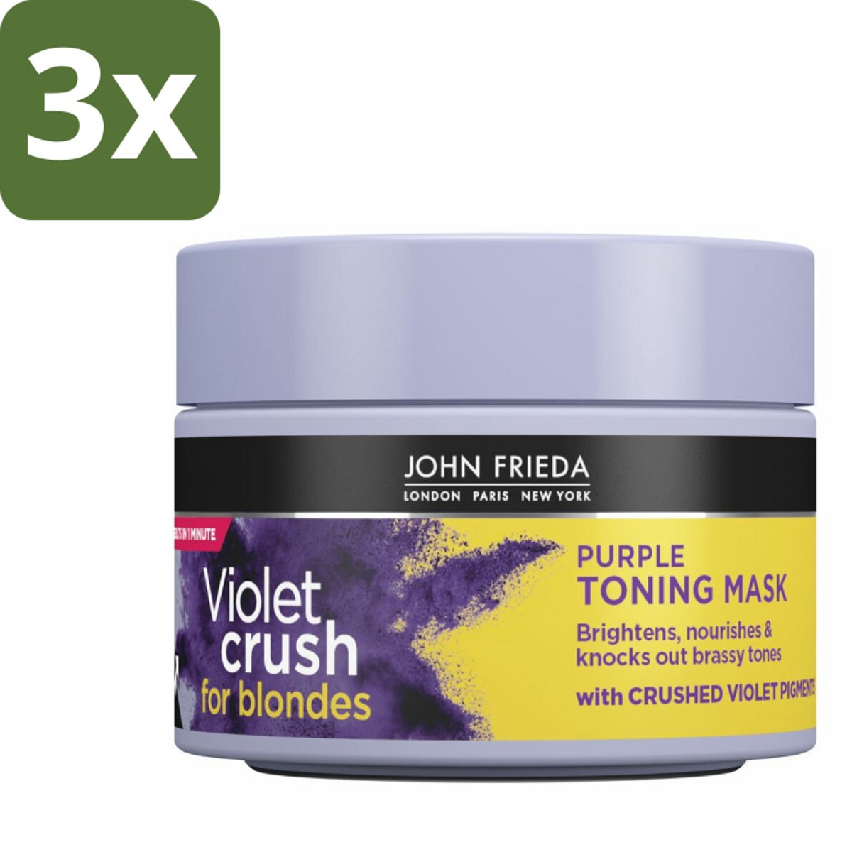3 x John Frieda – Haarmasker – Violet Crush Purple Toning – Neutraliseert gele tonen – 250 ml - Koffiezetapparaat