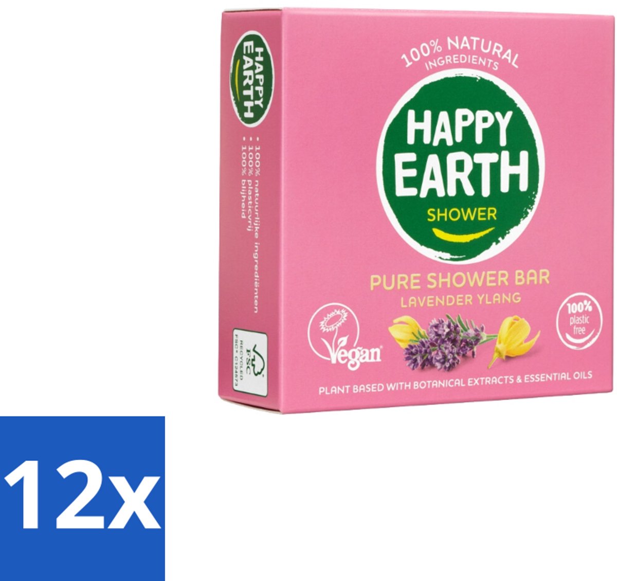 12 x Happy Earth – Shower Bar – 100% Natuurlijk Lavender Ylang – 90 g - Douchegel - Natuurlijke Douchegel - Lavendel - Ylang-ylang - Sheaboter