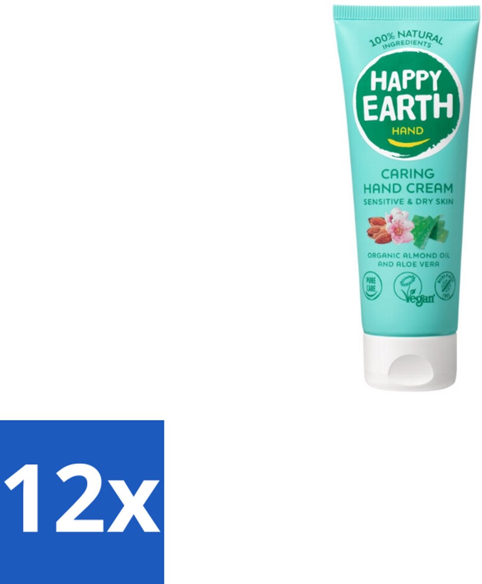12 x Happy Earth – Handcrème – 100% Natuurlijk – 75 ml - Natuurlijke Handcrème - Vegan Handcrème - Handverzorging - Droge Handen Verzorgen - Huidvriendelijke Crème