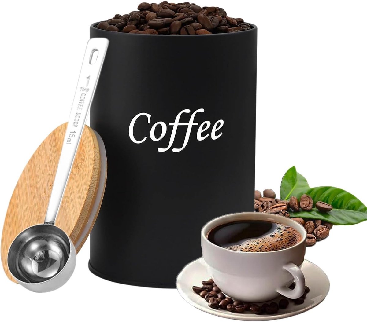 Luchtdichte Koffieopslag, 500ml Bonenbox met RVS Lepel, Stalen Koffieblik met Houten Deksel voor Thuis, Kantoor en Café, Ideaal voor Koffieliefhebbers