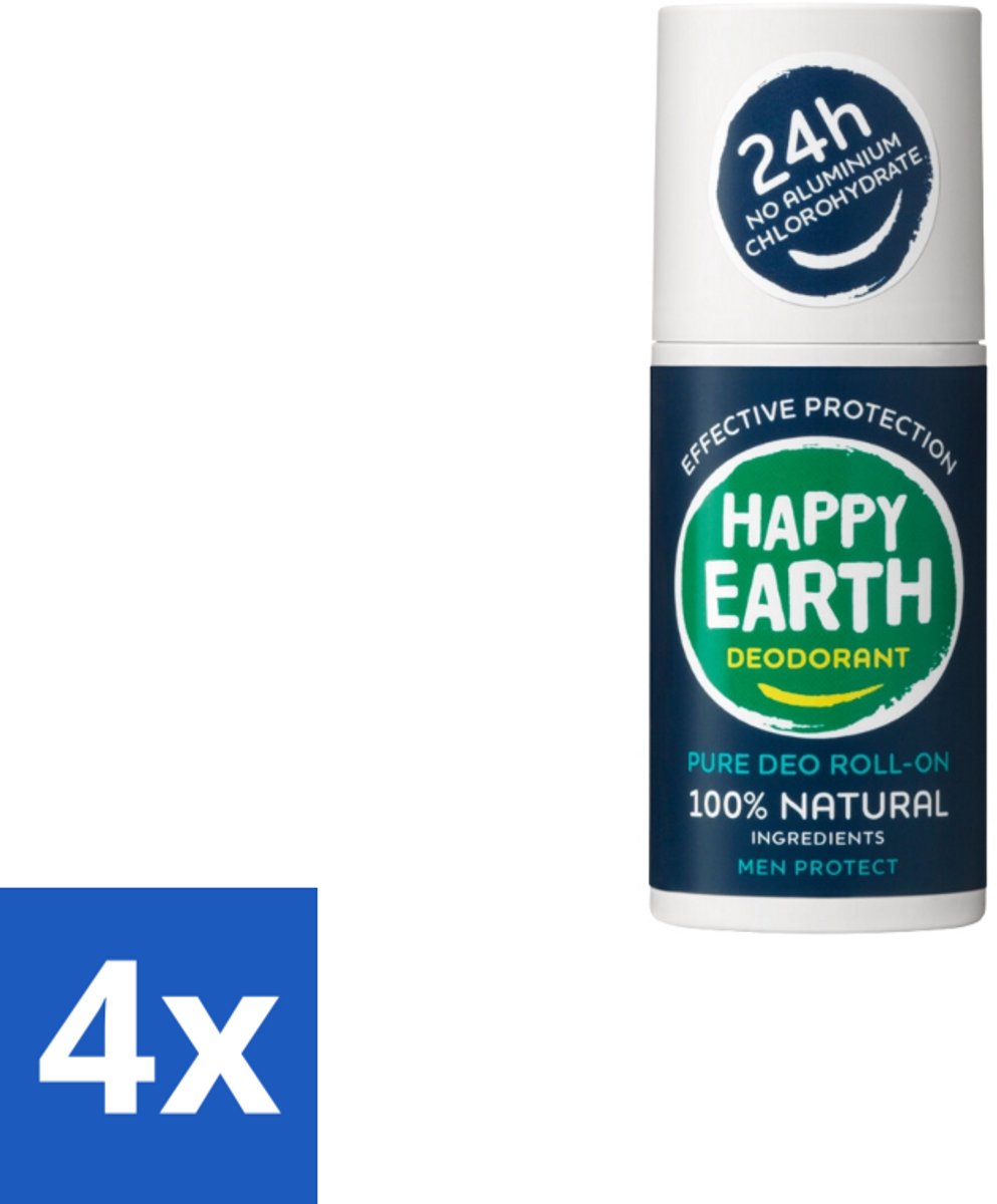 4 x Happy Earth – Deodorant Roll-On – 100% Natuurlijk Men Protect – 75 ml - Natuurlijke Deodorant Voor Mannen - Frisse Geur - Deodorant Zonder Aluminium - Huidvriendelijk - Vegan Deodorant