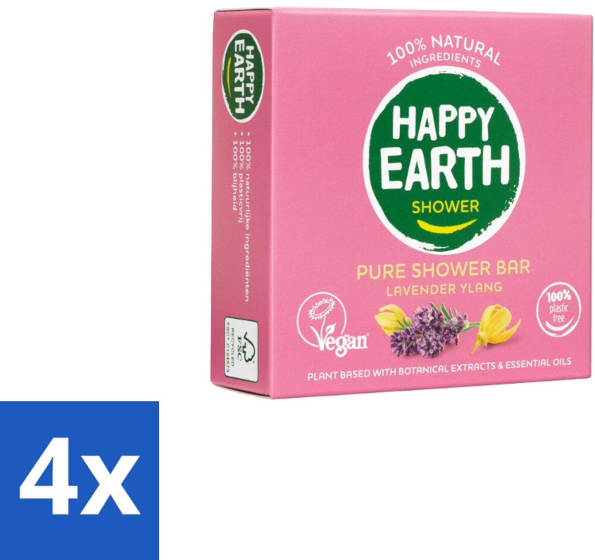 4 x Happy Earth – Shower Bar – 100% Natuurlijk Lavender Ylang – 90 g - Douchegel - Natuurlijke Douchegel - Lavendel - Ylang-ylang - Sheaboter