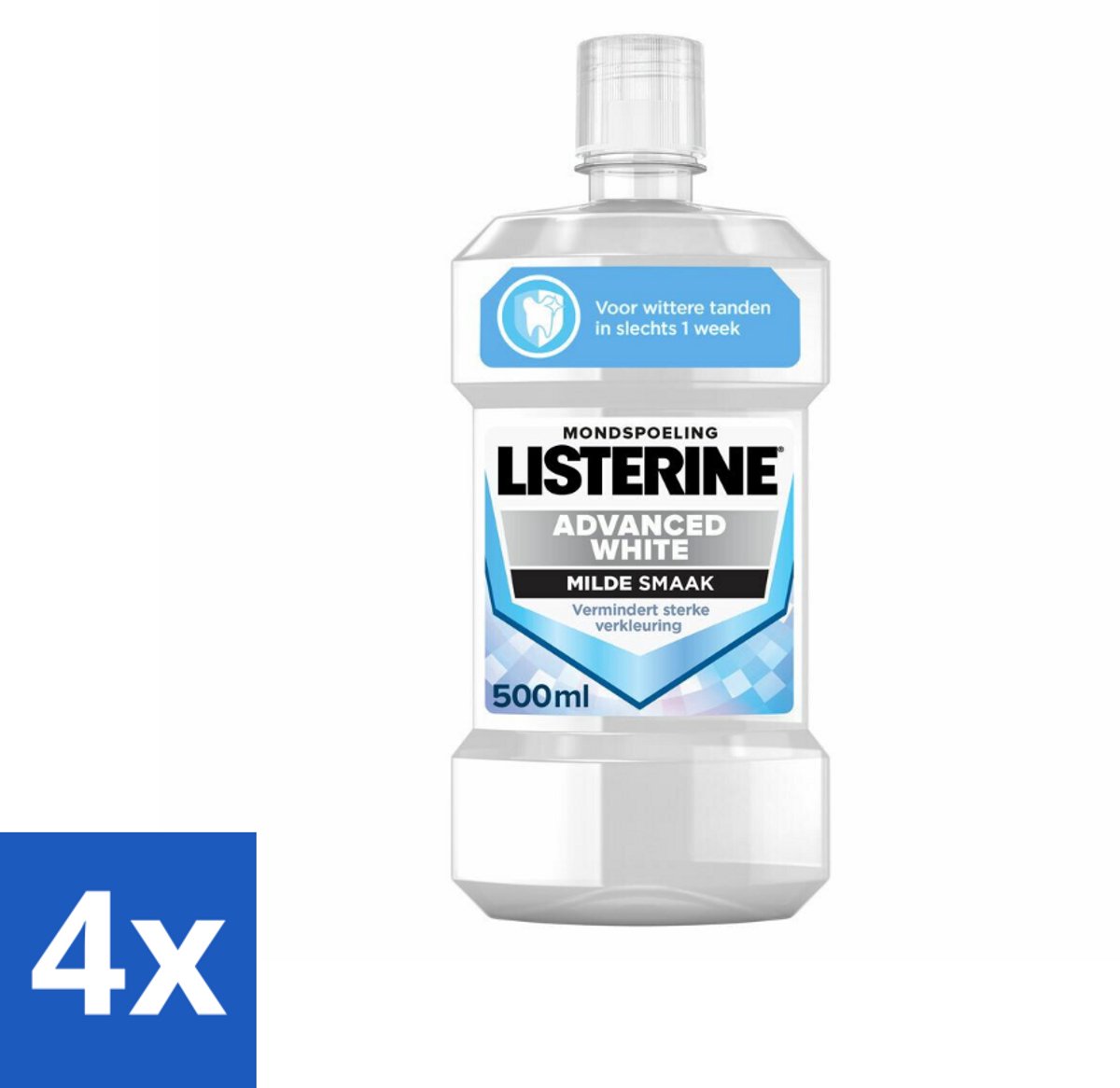 4 x Listerine – Mondwater – Advanced White – Mild – 500 ml - Wittere Tanden - Mondspoeling - Frisse Adem - Tandenverzorging - Mondhygiëne