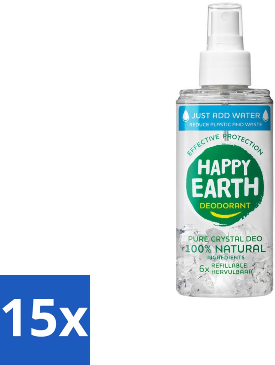 15 x Happy Earth – Deodorant Just-Add-Water Spray – 100% Natuurlijk Unscented – 100 ml - 100% Natuurlijke Deodorant - Just-add-water Deodorant - Aluinsteen Deodorant - Geurloze Deodorant - Hypoallergeen Deodorant