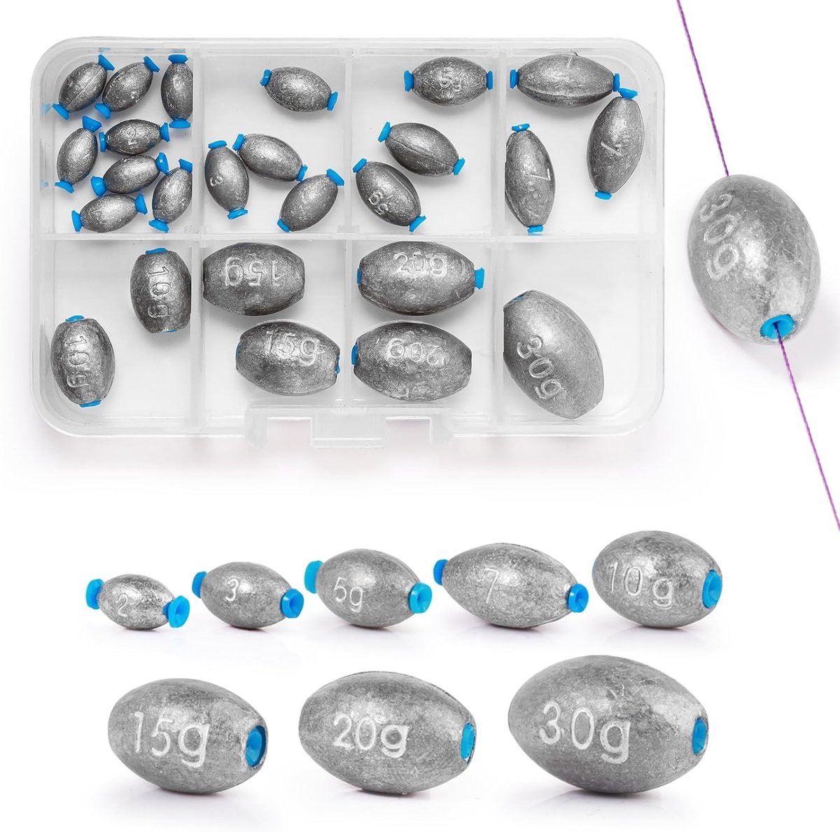 Complete Set van 25 Stuks Plastic Zeevis Gewichten in 8 Maten voor Karper- en Roofvisserij, Ideaal voor Zoet- en Zoutwater Visserij